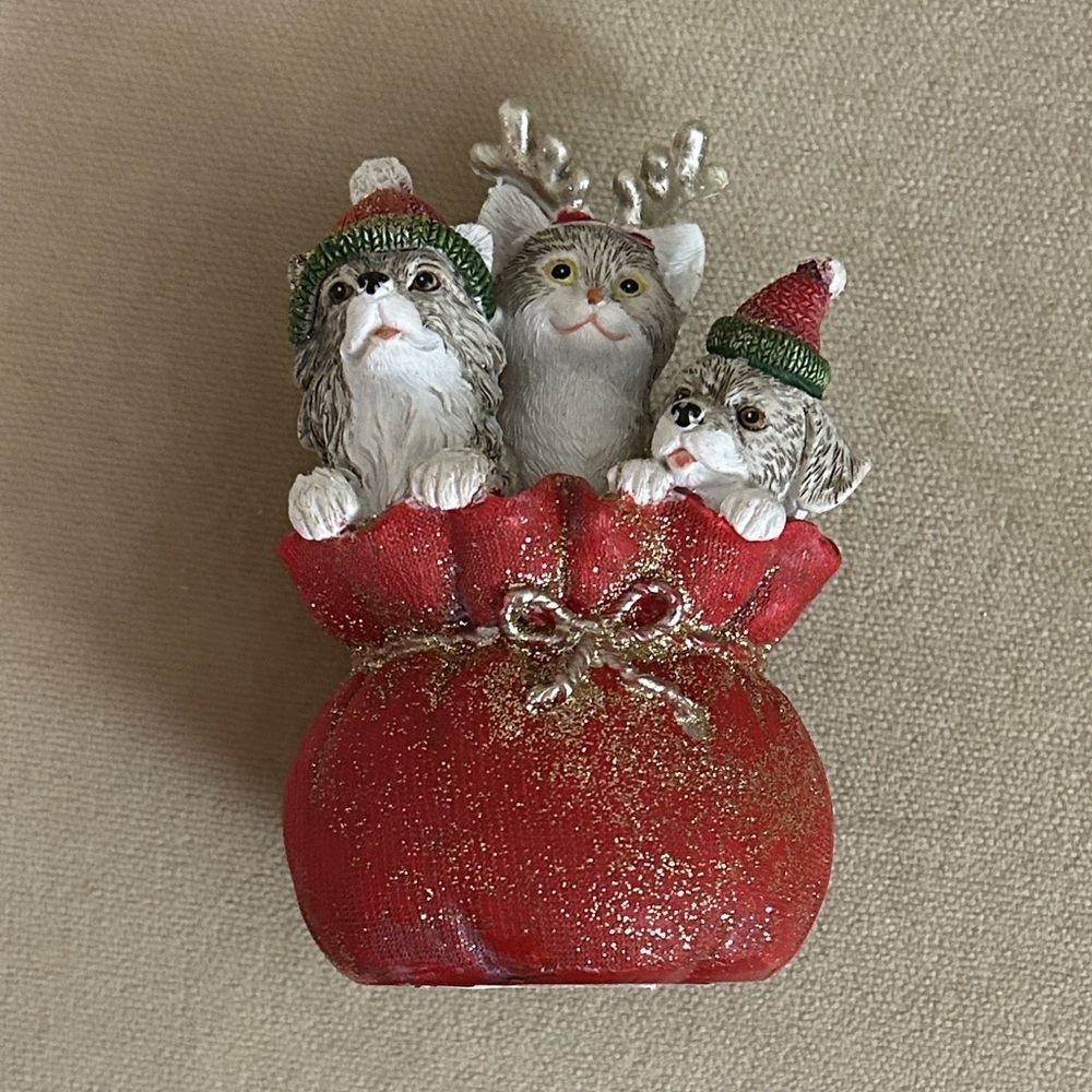 Holiday Cat and Dog Figurine in Red Bag